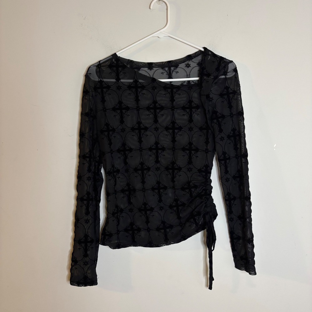 ROMWE Black Mesh Cross Top Women Size S